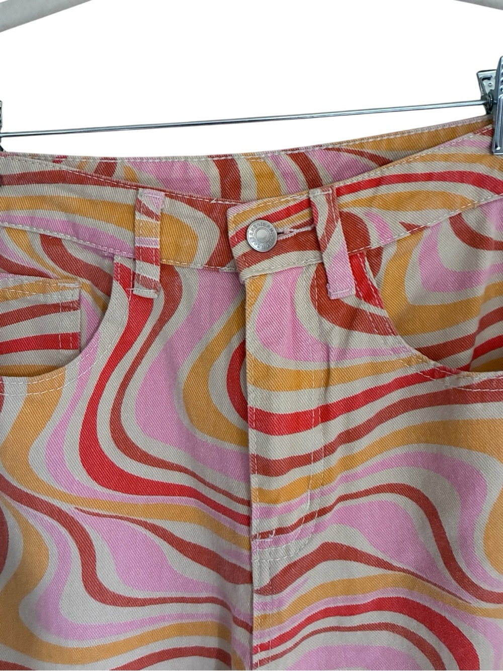 70s Style Retro Hippie Y2K High Waist Wide Leg Jean SHEIN Pink Coral Yellow Sz S - Picture 4 of 6